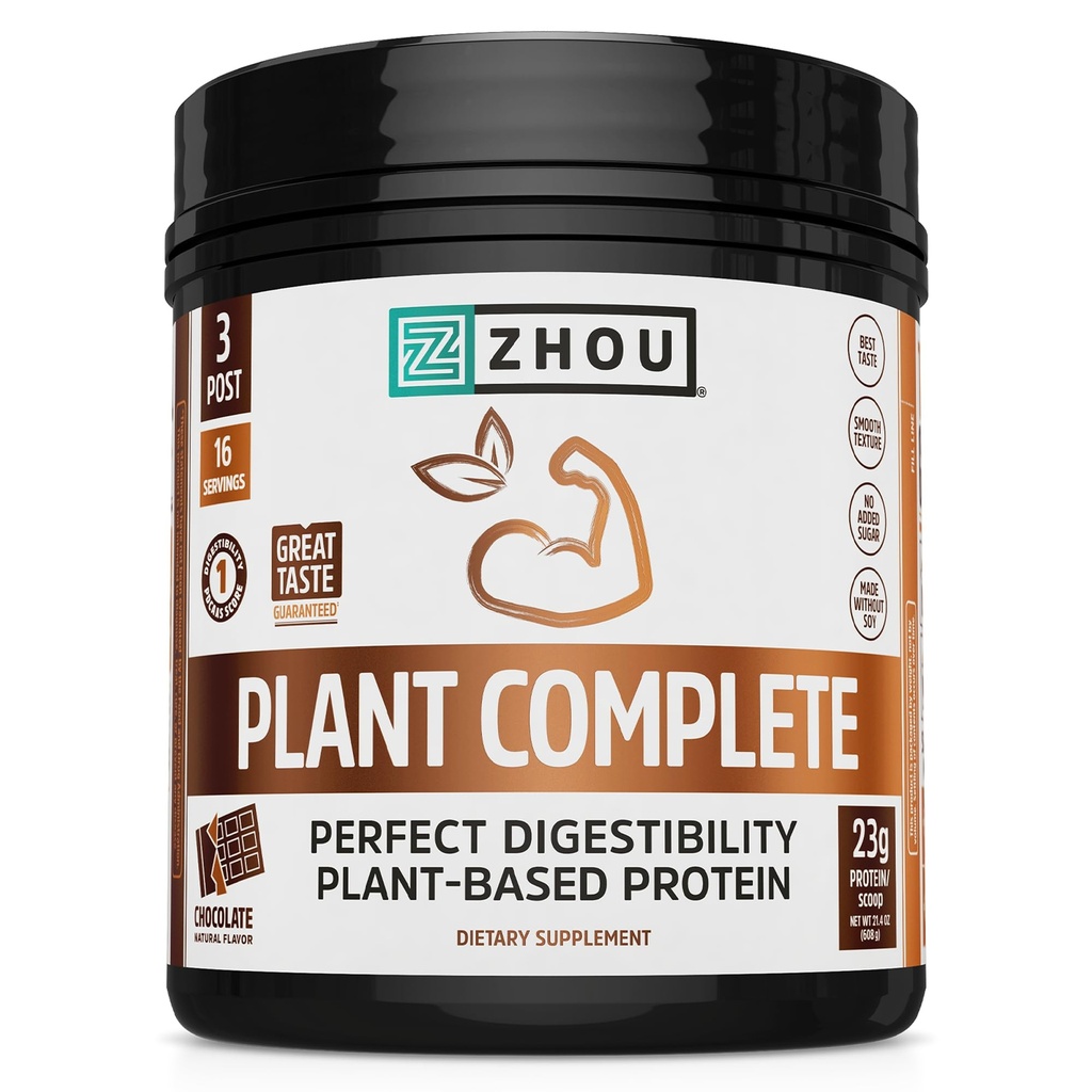 Zhou Plant Complete Vegan Protein Powder - Plant Based Protein Powder for Women & Men, Non Dairy Rice & Pea Blend for Smoothies & Shakes, 21g Protein Per Serving - Schokolade, 17.7oz (16 Servierungen)