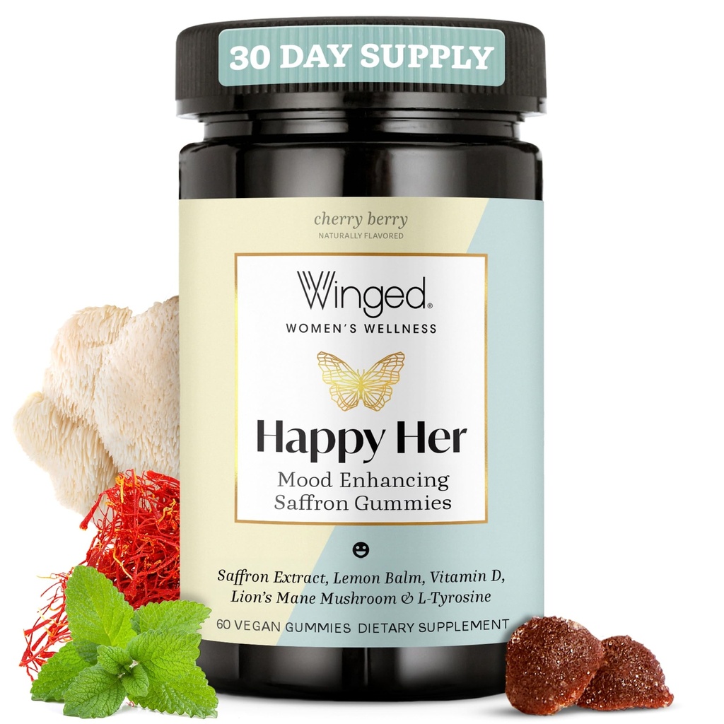 Winged Wellness Happy Her Mood Gummies - Daily Mood Enhancer Support Supplemento per le donne - Zafferano, Balm limone, Vitamina D & Lions Mushrooms per Balance & Calming Relief - 50 Vegan Gummies