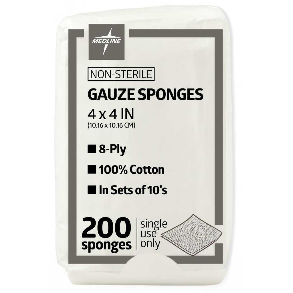 Medline 4 x 4 pouces Eponges de gauze, Non-Stérile 8-Ply Gauze tissé, 100% coton, Idéal pour la robe de plaie, soins de plaie, utilisation générale des premiers soins, paquet de 200