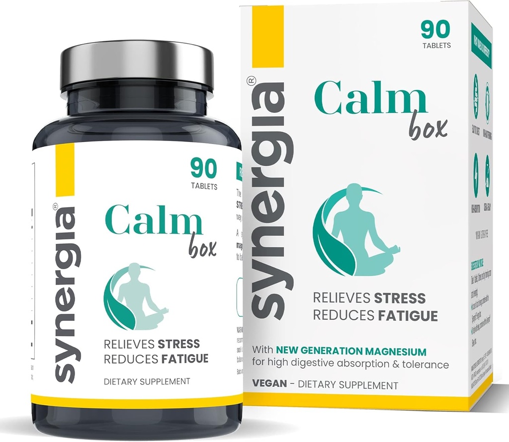 Synergia Calm Box - Magnesio e Vitamina B Complex per Stress e Fatigue Relief - con Magnesio Liposomico, Taurina e Arginina - Integratori per Uomini e Donne