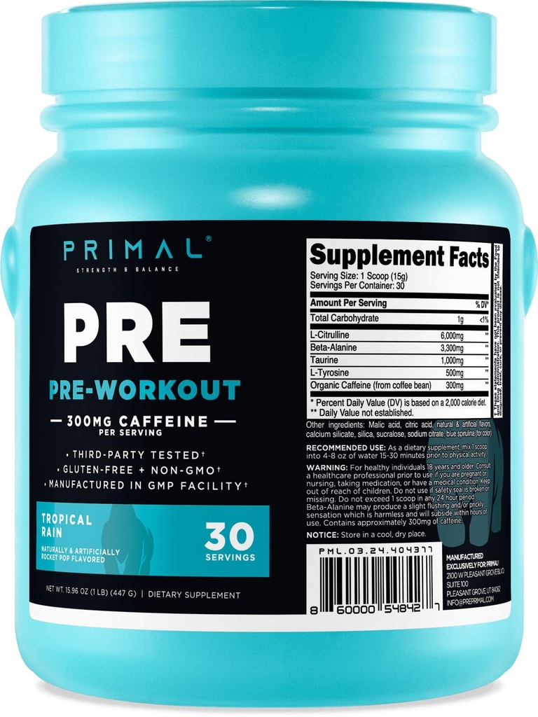 Primal Pre-Workout Tropical Rain Rocket Pop Flavored (30 Servierungen) - Gluten Free & Non-GMO
