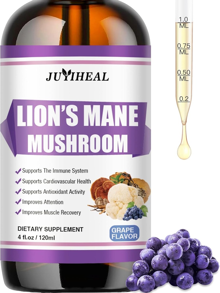 Lions Mane Liquid - Soutien du cerveau, énergie, mémoire et focus - Supplément Lions sans sucre et sans alcool - 4 Fl OZ, 4 mois d'approvisionnement, arômes de raisin