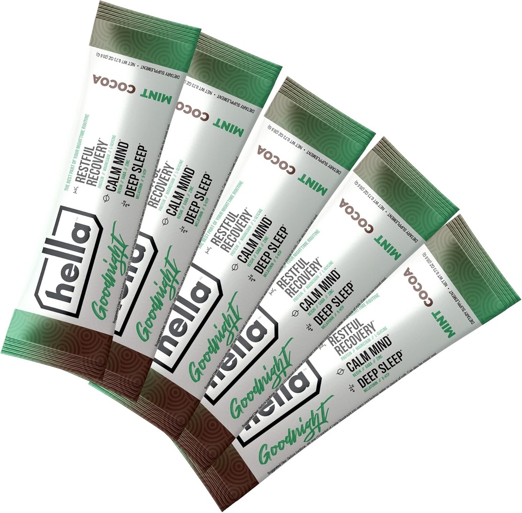 Hella Goodnight- Riposo, Melatonin Dormire Bevande Mix con Magnesio, 5-HTP, Reishi, GABA e Zinco, Supporta Rilassamento Notturno, Asleep Falling & Staying Asleep, Mint Cocoa