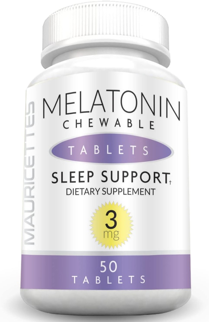 Mauricettes Natural Melatonin 3mg Kautabletten - Fast Acting 3 mg Schlaftabletten für Kinder, Jugendliche und Erwachsene, Unflavored, Non Addictive, Dissolvable Sleep Support Aid, 50 Chewables