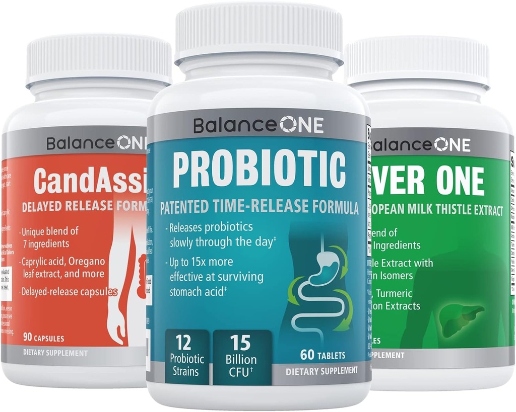 Balance ONE 2 Monate Kit | Probiotic, CandAssist, Liver One | 15 Billion CFU Probiotic | Natürliche Reinigung mit Caprylic Säure | Leber Unterstützung mit Milchdistel