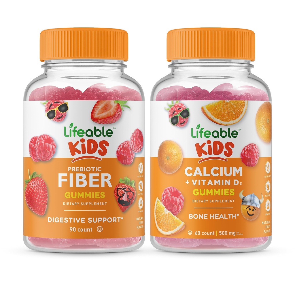 Fibre prébiotique vivace enfants + calcium avec la vitamine D enfants, Gommies Bundle - Grande dégustation, supplément de vitamine, sans gluten, sans OGM, gommy à croquer