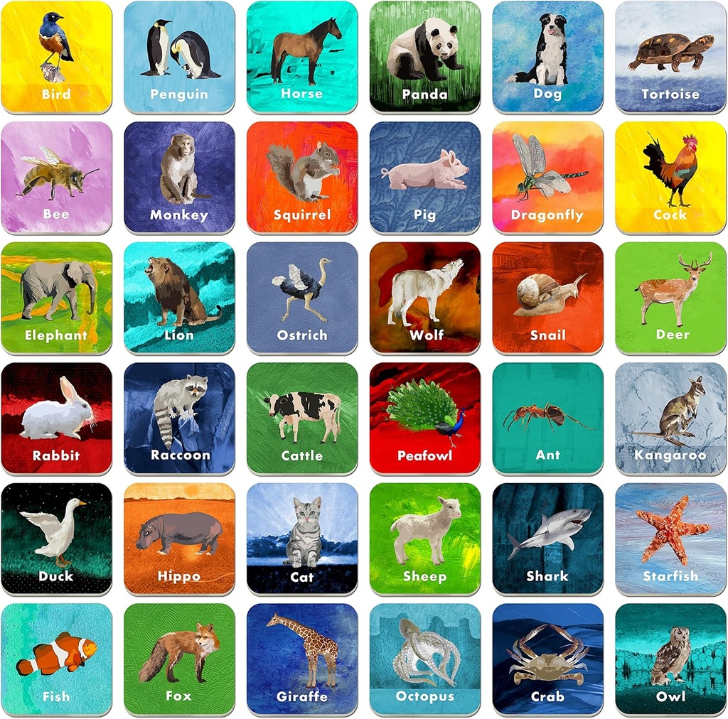 Hebayy 36 paires de cartes flash de match d'animaux de jeu effaçable (chaque mesure 2-