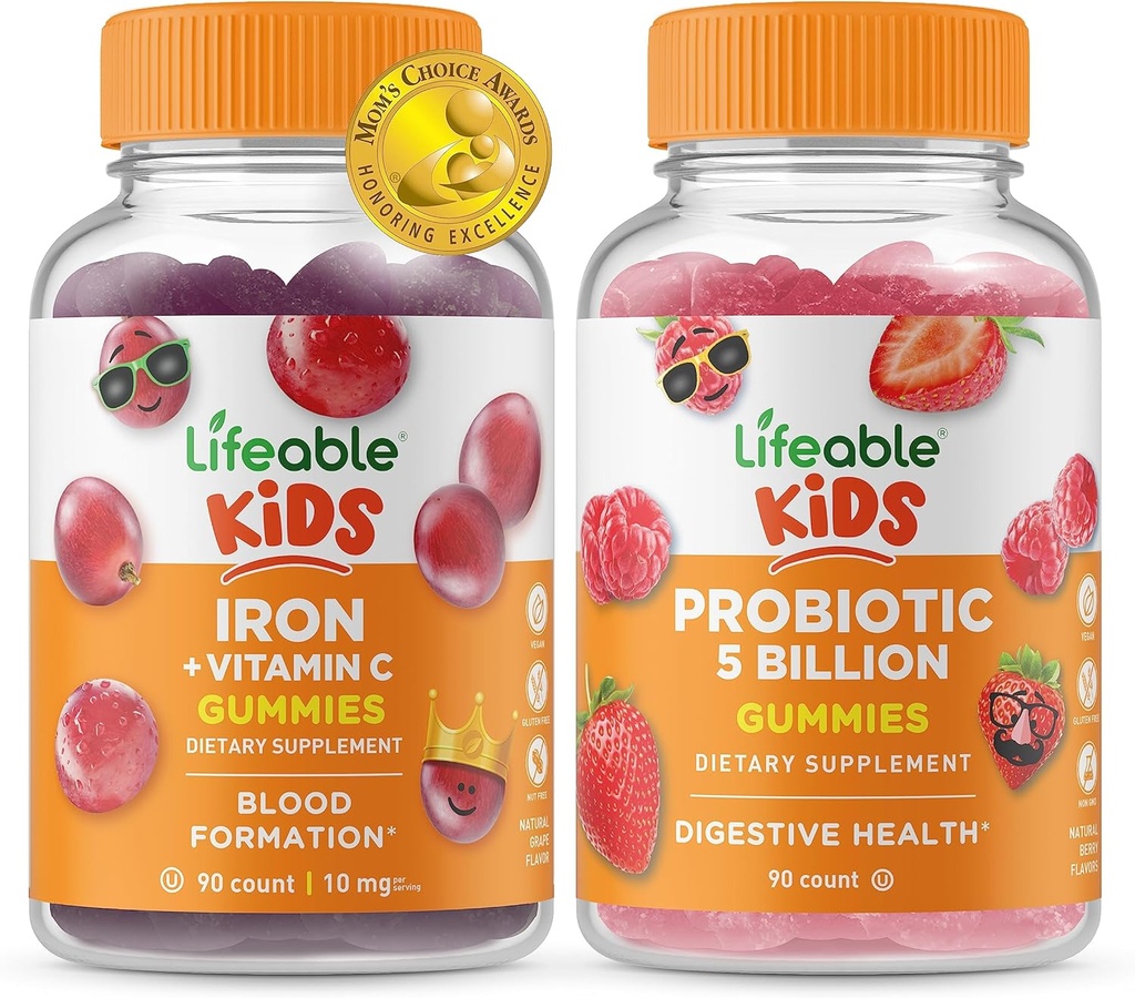 Ferro e vitamina C Bambini + Probiotici 5 miliardi di bambini, Gummies Bundle - Grande degustazione, Supplemento di vitamina, Senza glutine, OGM libero, pancia masticabile