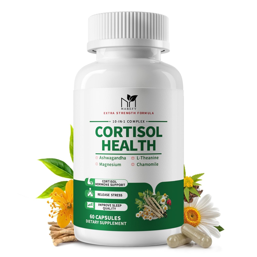Suppléments de cortisol pour les femmes/hommes - Réducteur de cortisol 10 en 1 Balance de désintoxication inférieure avec Magnésium, Ashwagandha, L-Theanine pour le stress, le sommeil, le calme, l'humeur Support - 60 capsules pendant 30 jours