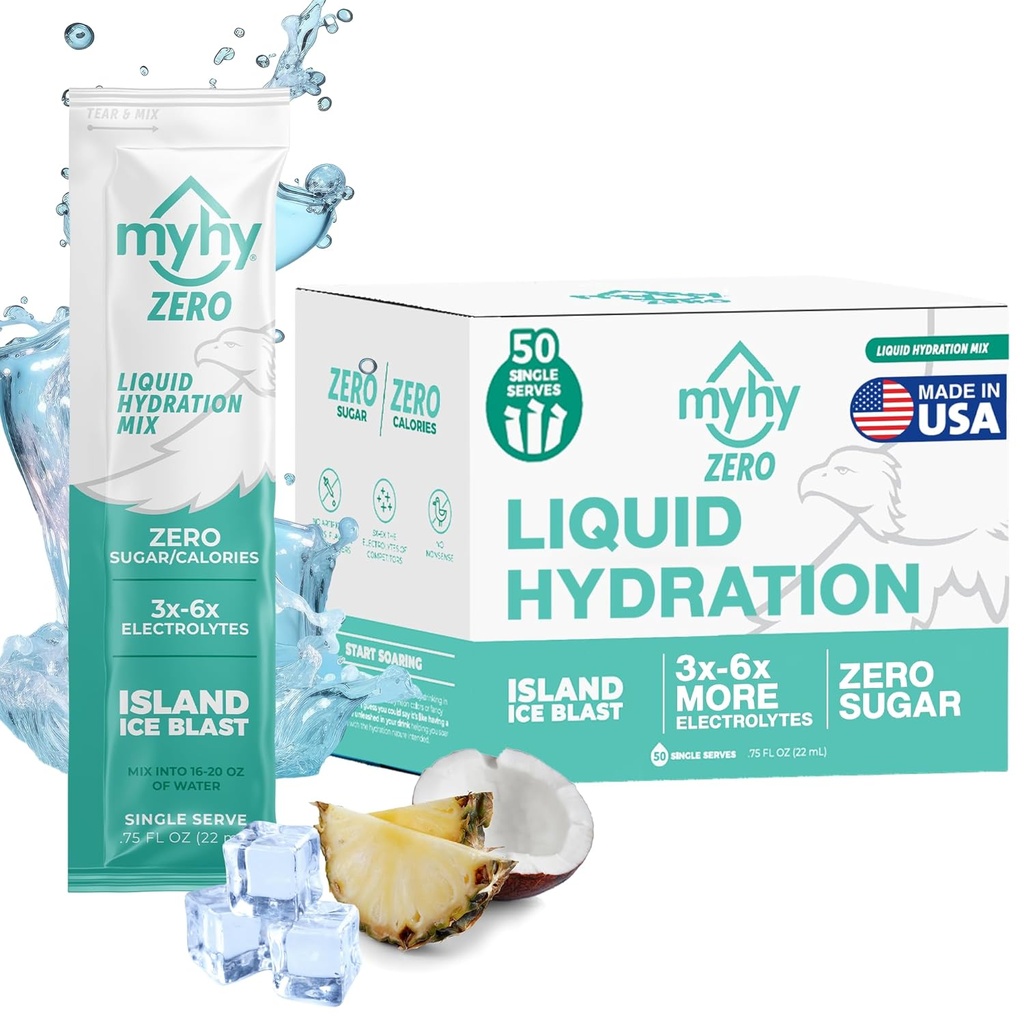 MyHy ZERO Liquid Hydration Packets, Sugar Free Electrolyte Drink Mix for Hydration Support, Rilievo di disidratazione per viaggi, gravidanza, fitness, Bachelor & Bachelorette Party – Ice Island, 50 Count