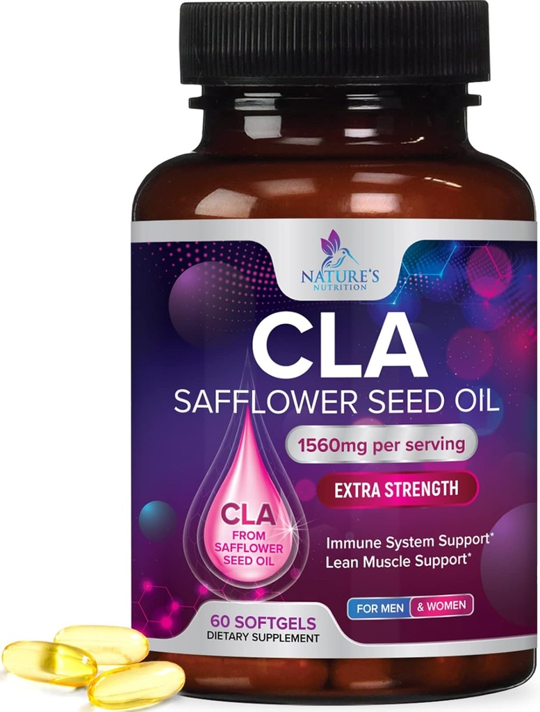 CLA-Ergänzung, Konjugierte Linolsäure 1560mg - Extra Strength CLA-Ergänzungspillen - Unterstützung Körperzusammensetzung, Lean Muscle Tone, & Energy - Safflower Kapseln, Glutenfrei, Non-GMO - 60 Softgels