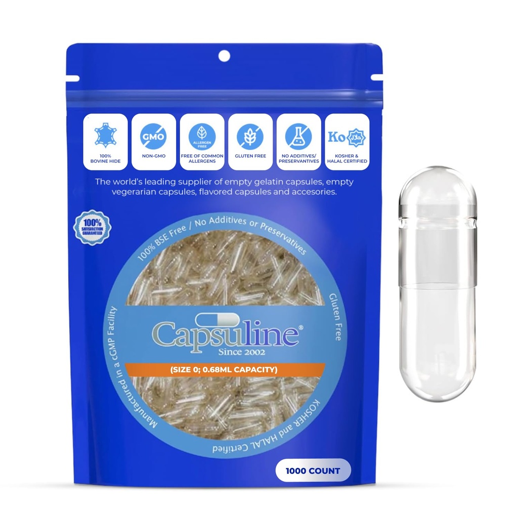 Capsuline Size 0 Empty Gelatin Capsule, Clear - 1000 Count | Gluten Free, Kosher, Non OGM Certified | Pure Bovine Pill Caps for DIY Supplement Filling - 1000