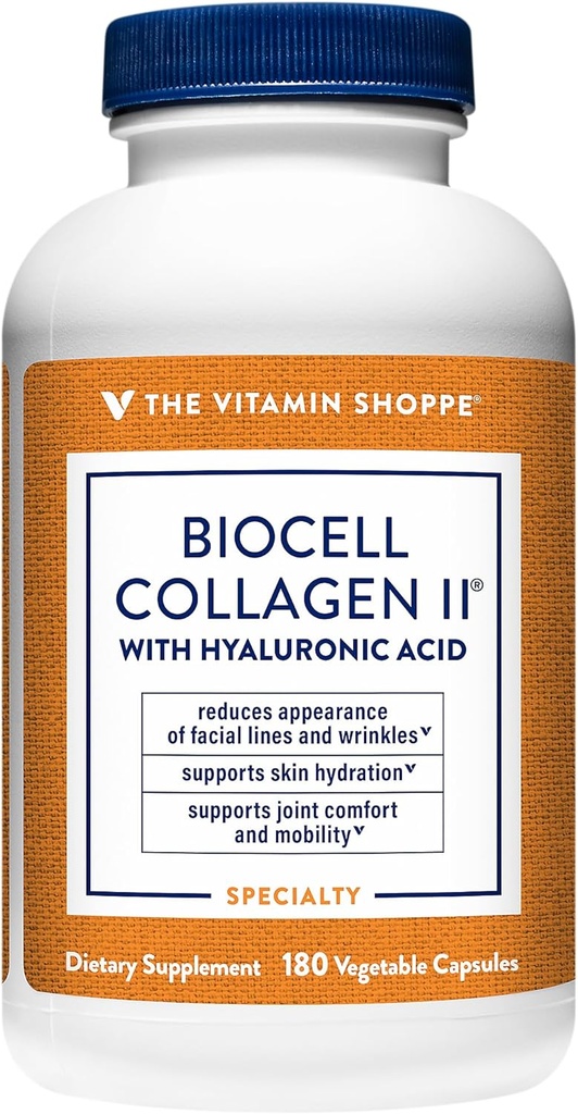 Das Vitamin Shoppe Biocell Collagen II mit Hyaluronsäure 1000mg - fördert gesunde Haut, Gelenke & Knorpel - unterstützt Hydration & Elastizität - für tägliche Wellness (60 Gemüsekapseln)