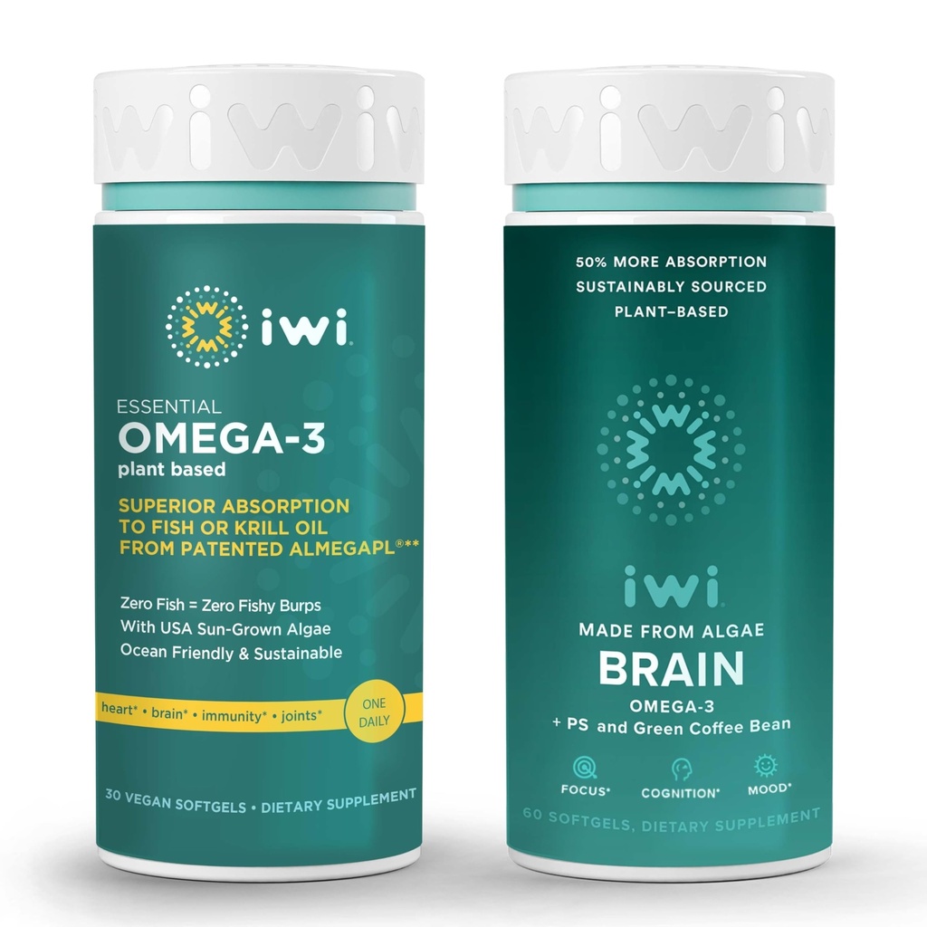 Iwi Omega-3 Essential & Brain Omega-3 Bundle, 30 portions, Algae Omega 3 à base végétale végétalienne avec EPA + DHA, Krill & Fish Oil Alternative, Aucun arrière-goût de poisson