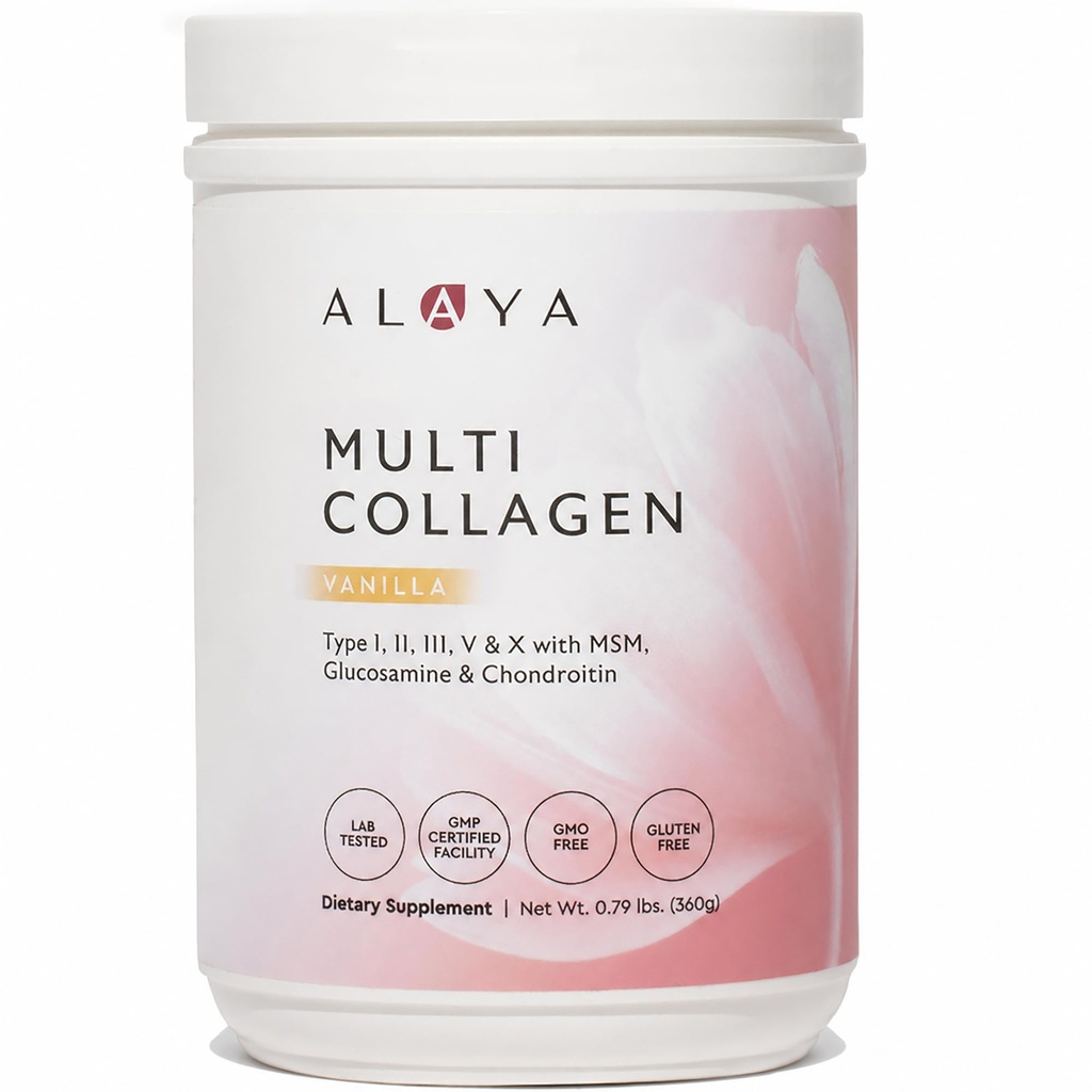 Alaya poudre multicollagène - Type I, II, III, V, X poudre hydrolysée de peptides de collagène avec MSM + GC (Vanilla)