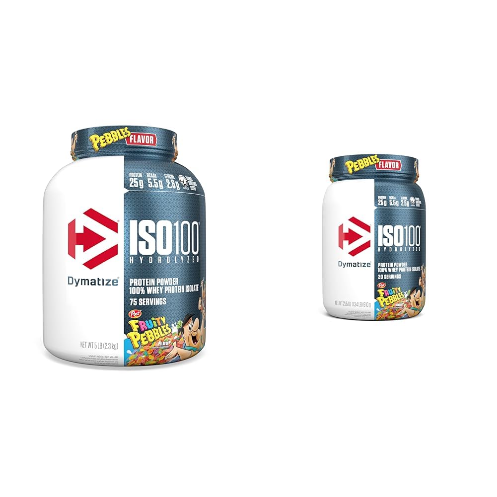 Dymatize ISO100 Hydrolysed Fruity Pebbles Protein Powder Bundle, 25g Protein, 5.5g BCAAs, 5 Pfund + 20 Portionen