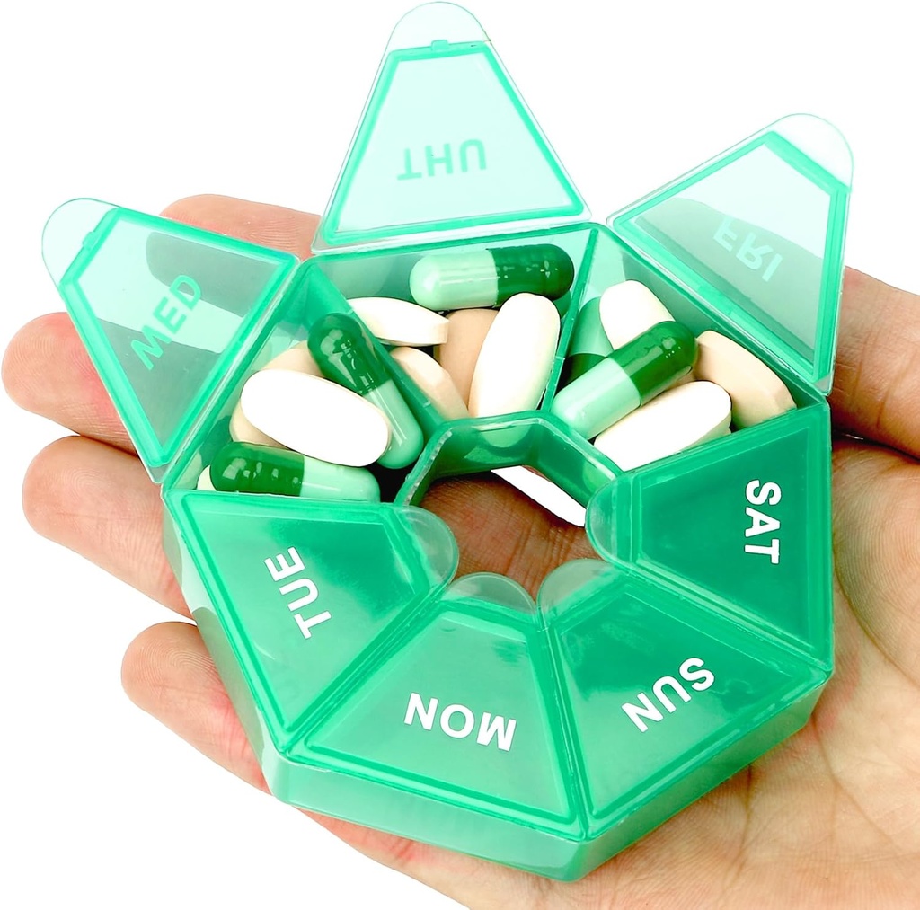 Green Daily Pill Organizer - 7 giorni, 1 volta al giorno, Travel Pill Box con 7 scomparti