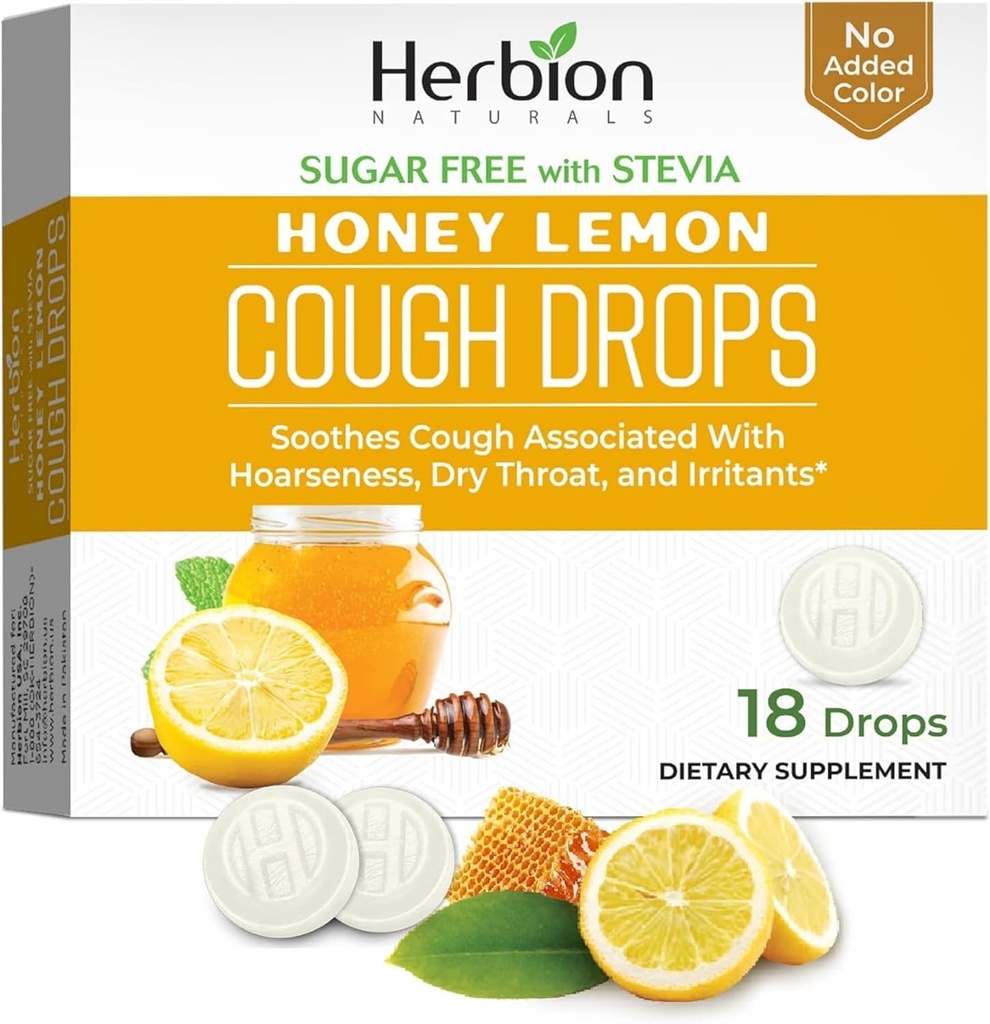 HERBION Naturals Cough Drops, Sugar-Free with Stevia, Dietary Supplement, Soothes Cough, for Adults & Children Over 6 Years, 25 Drops Every (18 Count (Pack of 1), Honey Lemon)