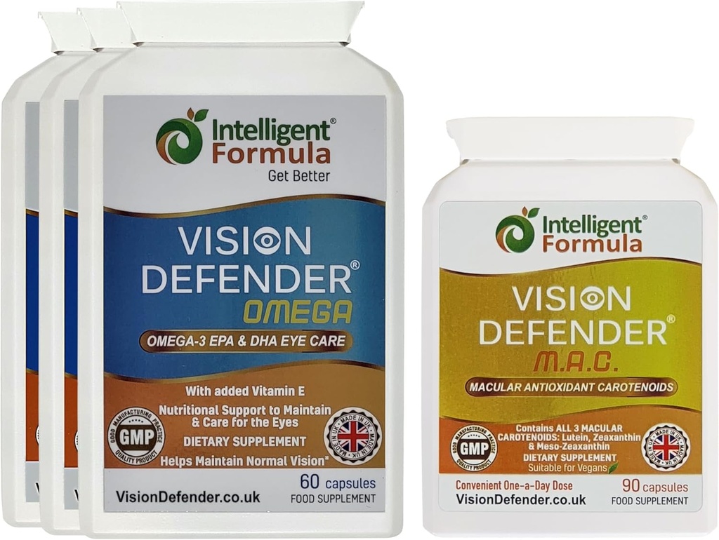 Vision Defender MAC & Omega Everyday General Eye-Health Bundle (90 giorni di alimentazione). Il supplemento di vitamine degli occhi include la luteina dei carotenoidi, la zeaxantina, l'omega-3 (DHA, EPA). Made in UK da Eye Specialists