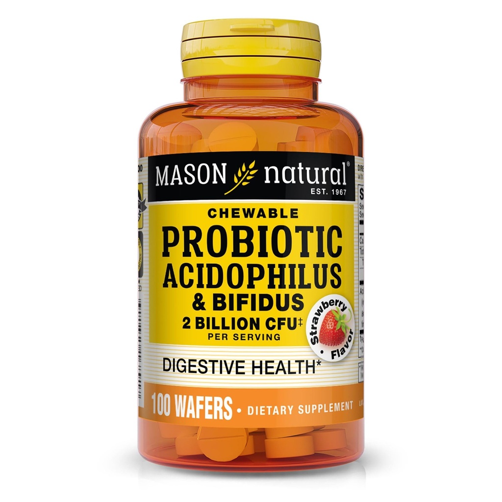 MASON NATURAL Probiotique Acidophilus avec Bifidus, approvisionnement de 50 jours, soutient une digestion normale saine, goût de fraise, 100 Wafers à croquer