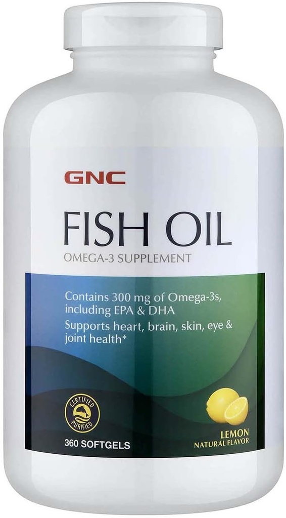 GNC Fish Oil Omega 3 Supplement, 300mg EPA und DHA, Lemon Flavor, unterstützt Herz, Gehirn, Haut, Augen und Gelenk Gesundheit, 360 Softgels, 360 Servierungen
