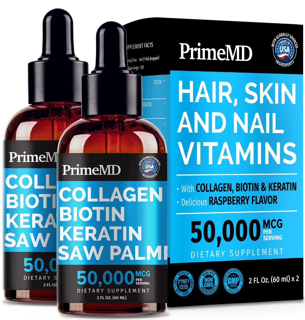 Flüssige Collagen Peptide für Frauen - Serum Complex mit Biotin Vitamin, hydrolysiertem Keratin Protein und Saw Palmetto - Umfassende Formel für Haar, Haut und Nägel Wellness - 2fl oz (Pack von 2)