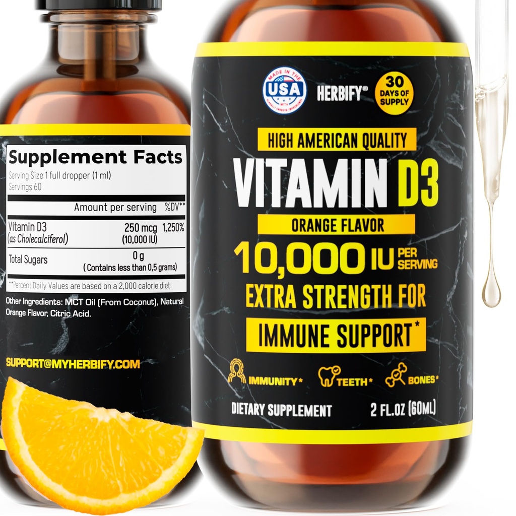 HERBIFY Vitamin D3 10000 IU - Made in USA Flüssiges Vitamin D Tropfen - Knochenfestigkeit und Immununterstützung Ergänzung - Sonnenschein Ersatz - D3 Vitamin Knochen und Zähne Ergänzung - 2 Oz