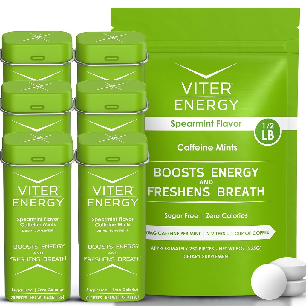 Viter Energy Original Caffeine Mints Spearmint Flavor 6 Pack und 1/2 Pound Bulk Bag Bundle - 40mg Koffein, B Vitamine, Sugar Free, Vegan, Powerful Energy Booster für Fokus und Alertness