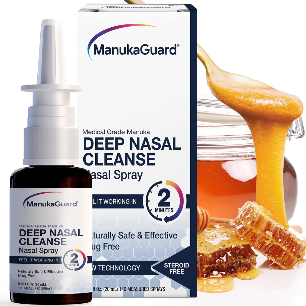 ManukaGuard Médical Grade Manuka Honey Natural Nasal Spray avec solution saline pour le soutien de la congestion, le sinus et le soulagement de l'allergie, l'humidité nasale, le miel néo-zélandais, MGO 600, 0,65 fl oz bouteille