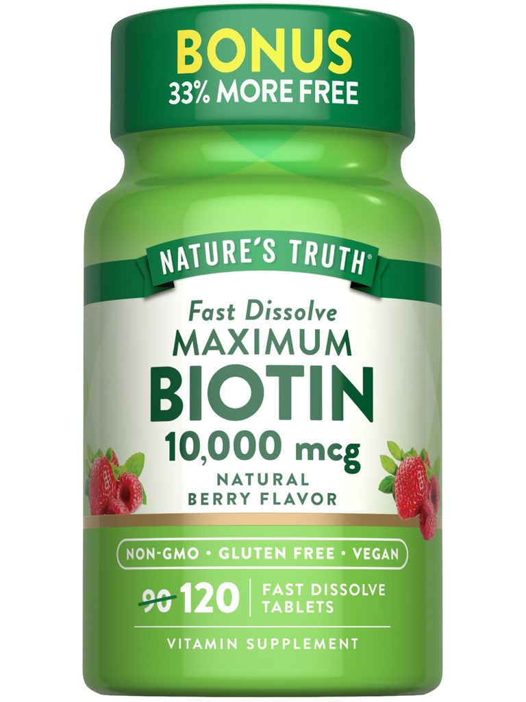 Nature's Truth Biotin 10000mcg | 120 Fast Dissolve Tablets | Maximum Strength | Natural Berry Flavor | Vegan, Non-GMO & Gluten Free Supplement