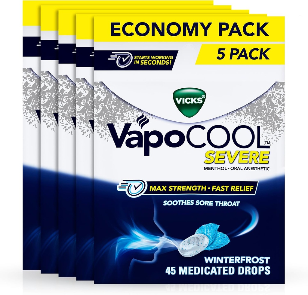 Vicks VapoCool Severe Sore Throat Drops, Max Strength Menthol, Soothes Sore Throat Pain, Winterfrost Flavor, 225ct (5-Pack von 45ct)