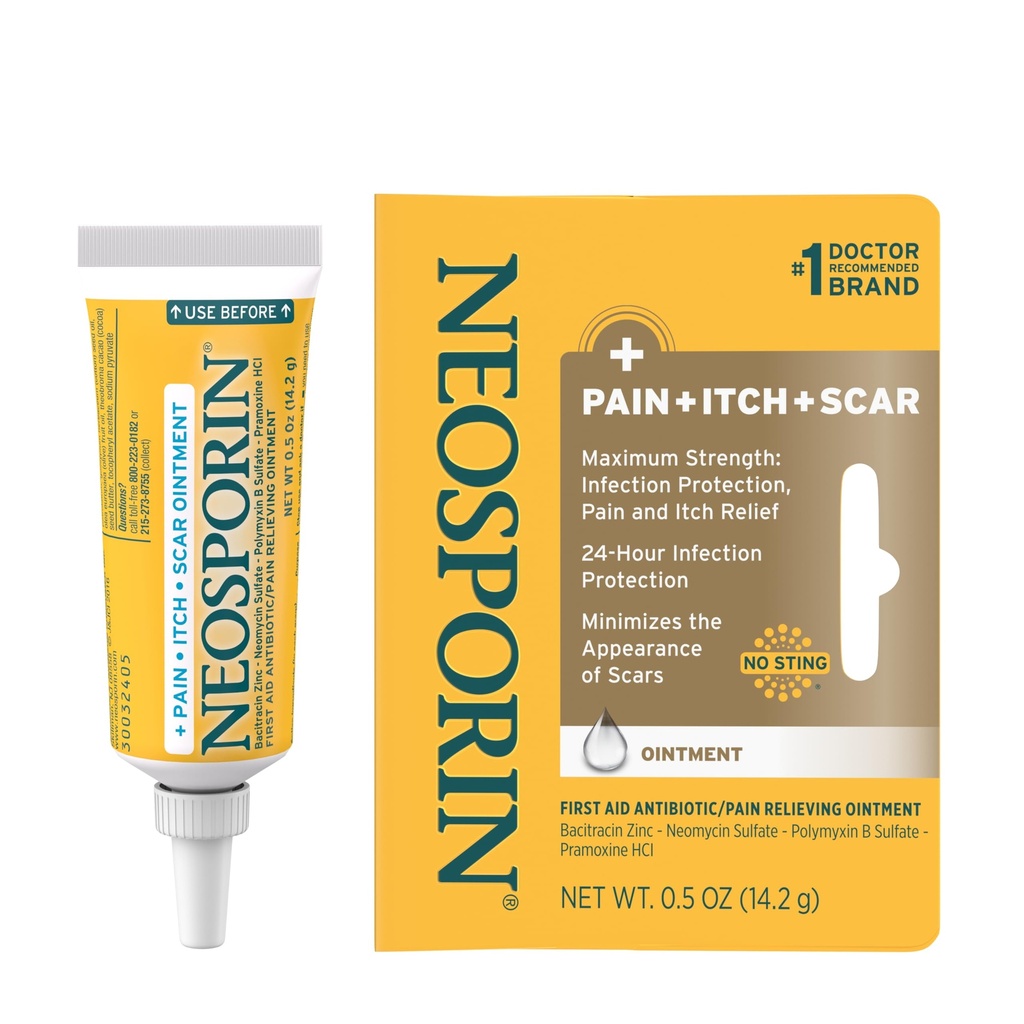 Neosporin Antibiotic Pain-Relieving, Anti-Itch, & Scar Appearance Minimizer Salbe mit Neomycin & Bacitracin Zink, 24-Stunden-Infektionsschutz für Minor Cuts, Scrapes & Burns,.5 Unze