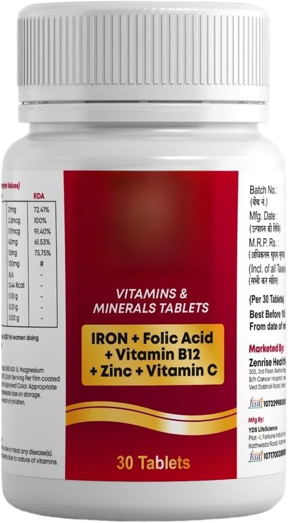 Eisen B12 FOLIC Säure VIT C für gesunde Energie, Stamina, Immunität (Pack von 1, 30)