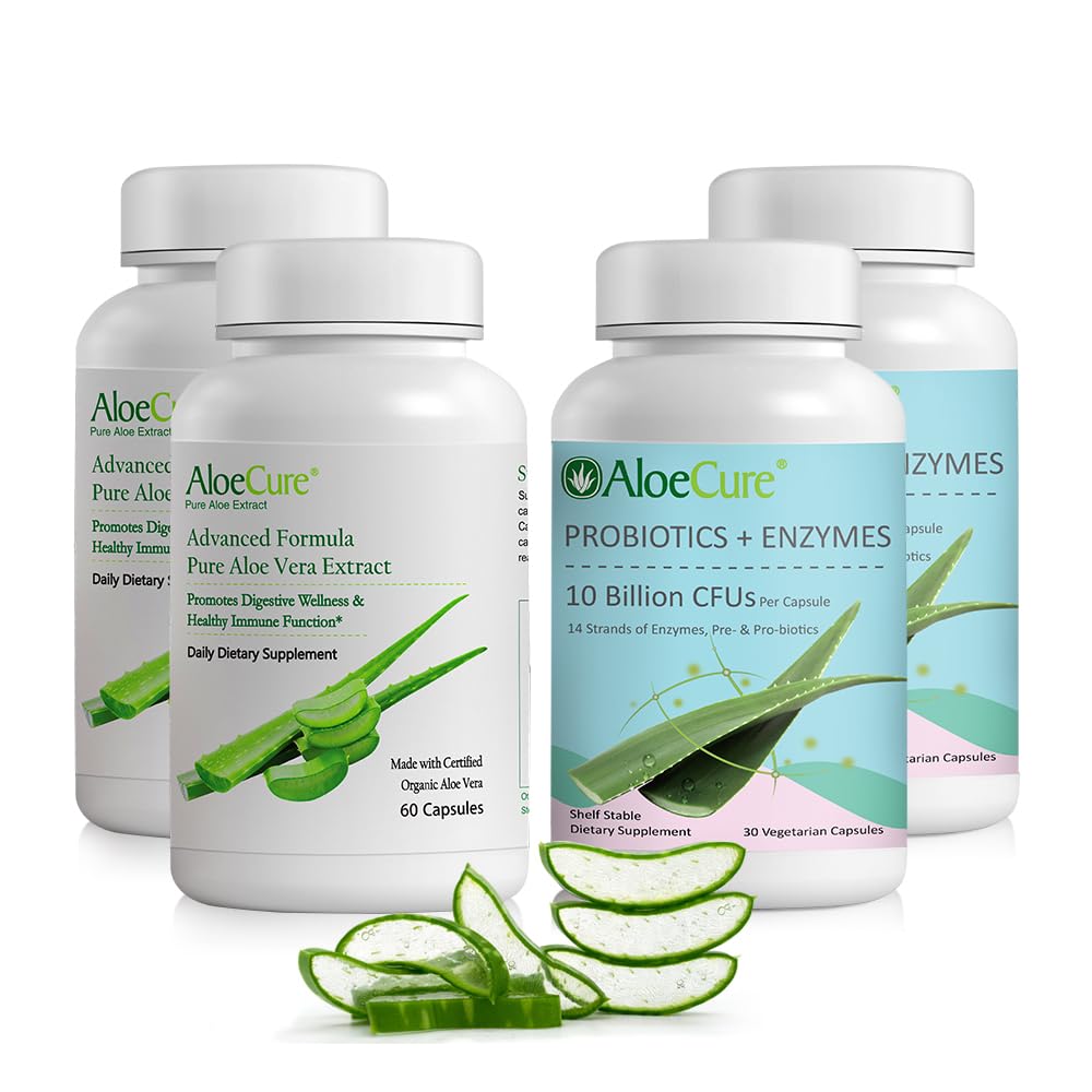 AloeCure Organic Aloe Vera Capsules Pack - 4 Pieces - 2 x Aloe Vera Capsules, 2 x Probiotics + Enzymes