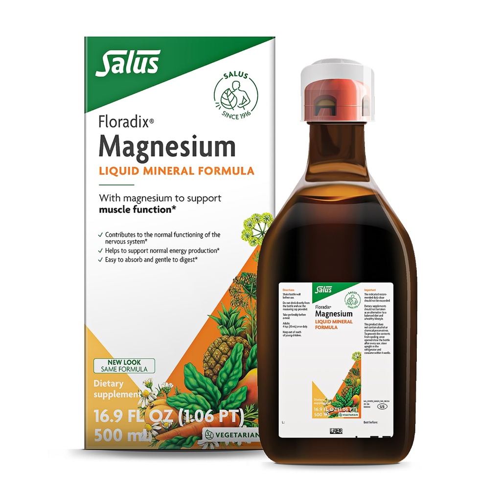 Floradix Magnesium - Flüssige Kräuter- und Mineralergänzung Unterstützt gesunde Nervensystem & normale Muskelfunktion - Sanfte flüssige Formel - Vegetarisch, Glutenfrei & Non-GMO - 16.9 fl oz