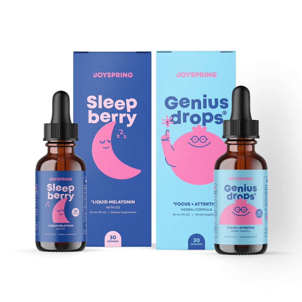 JoySpring Genius Drops Brain Supplement und SleepBerry Melatonin für Kinder Schlafunterstützung