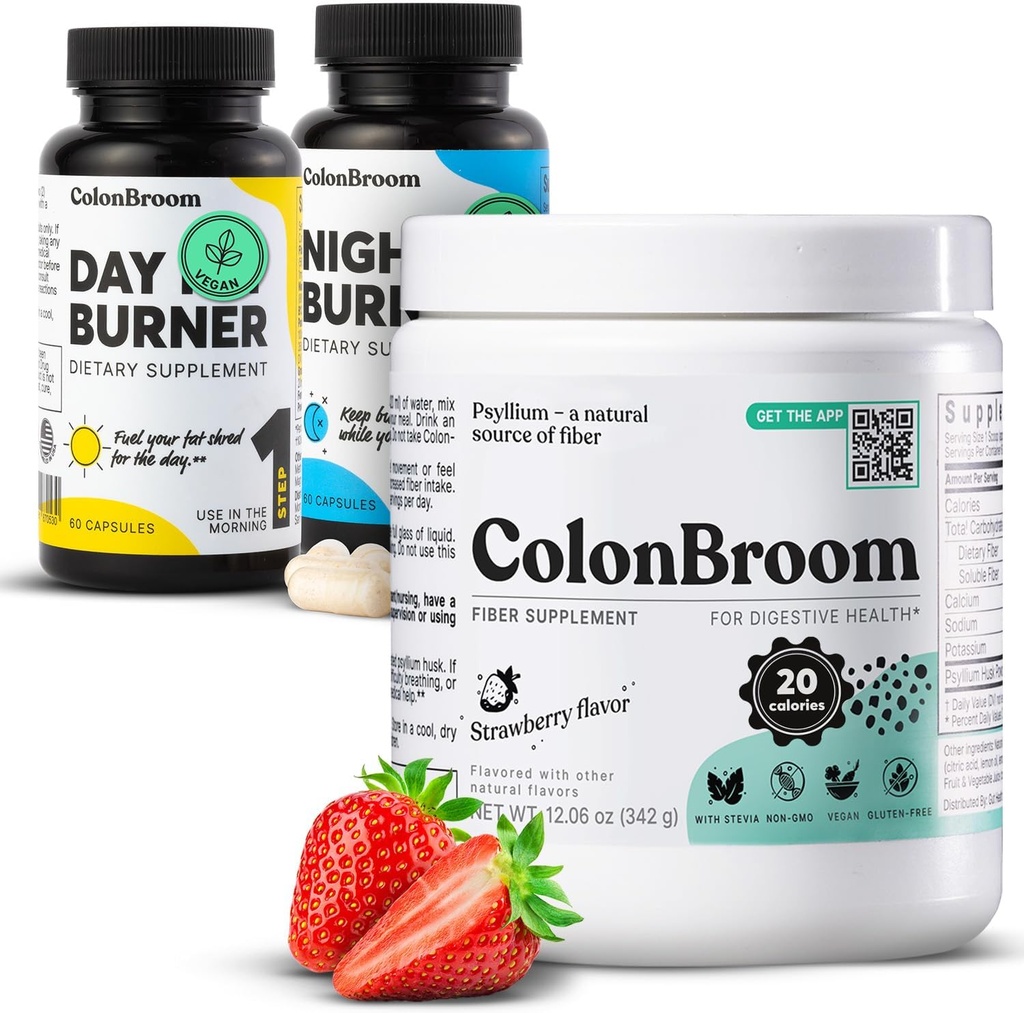 ColonBroom Psyllium Husk Powder, Colon Broom Cleanser Fiber Supplemento per Bloating Relief & Gut Health + Day & Night Burner Supplements, Pillole di gestione del peso (60 Servings), 3 Articoli