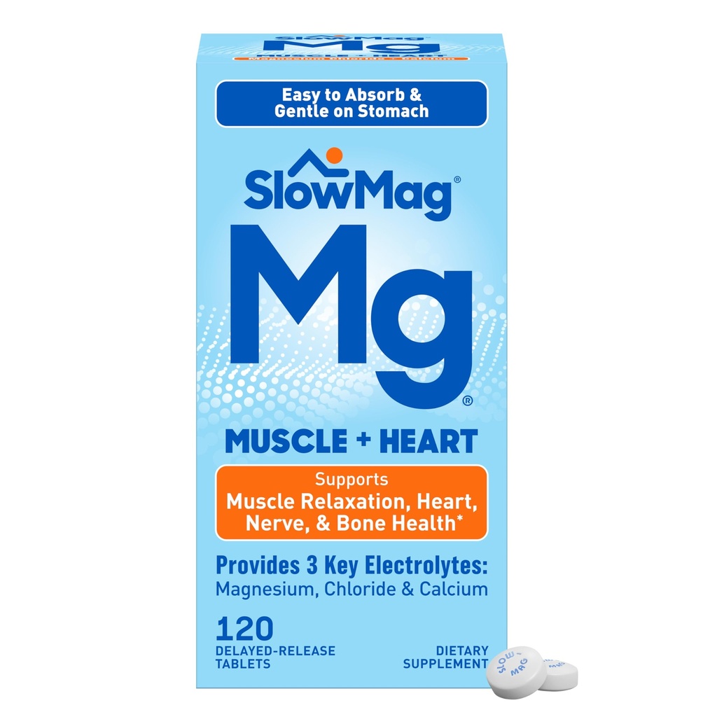 SlowMag Muscle + Chlorure de magnésium cardiaque avec supplément de calcium pour soutenir la relaxation musculaire, Crampe musculaire occasionnelle et santé cardiaque, haute absorption, 120 Compte