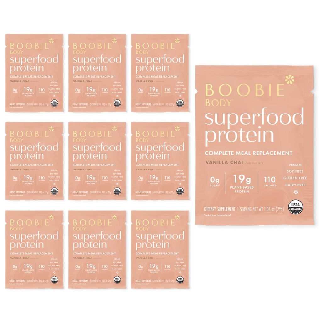 Boobie Body Superfood Protein Meal Ersatz Shake, Vanilla Chai Flavor | 19g Protein | Safe für Schwangerschaft, Lactation, & Mutterschaft | Organic, Vegan, Zero Sugar, 10 Single Serve Packets (1.02 oz pro Stück)