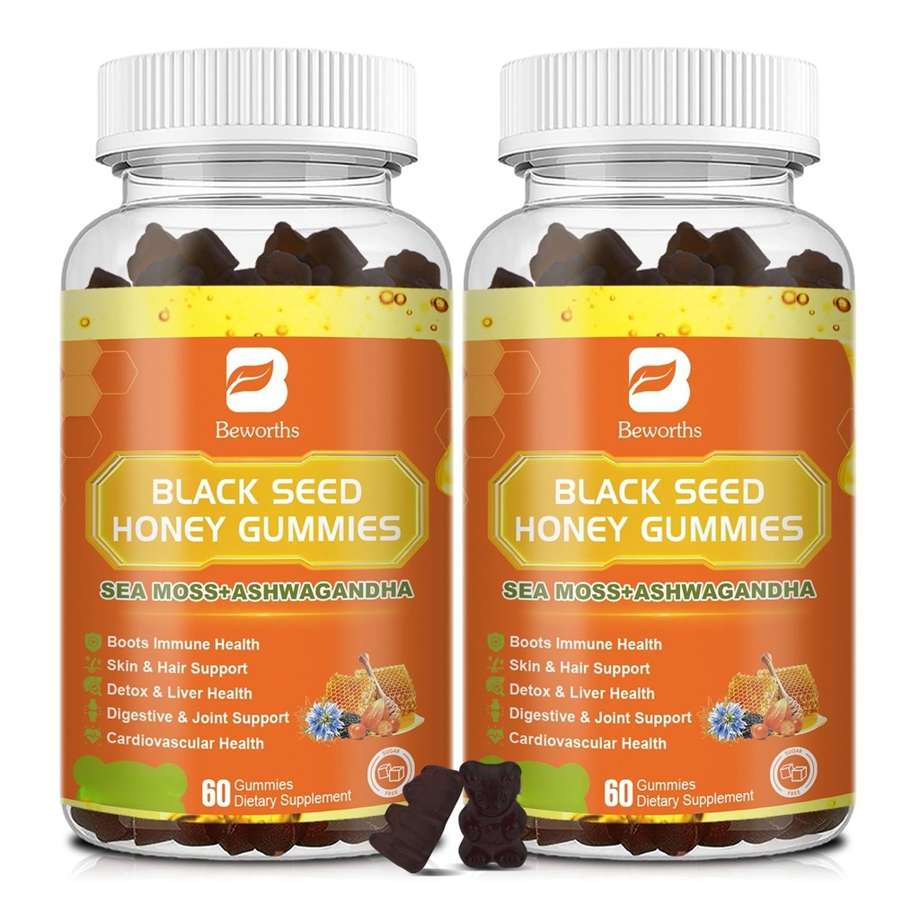 (2 Pack) Mar Nero di semi d'olio Moss Gummies con Ashwagandha, Radice di Burdock, Miele di Linden, Elderberry, Turco, Vitamina C, D3 & Zinc - Supporta l'immunità, Giunti, Digestione, Capelli e Pelle, Vegan Gummies 120