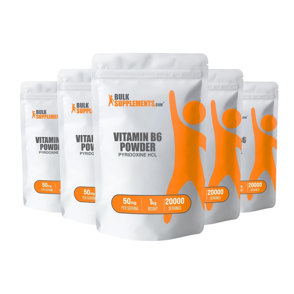 BulkSupplements.com Pyridoxine HCl Powder - Vitamin B6 Supplement, Vitamin B6 50mg - for Immune Support, Gluten Free, 50mg of Pyridoxine B6 per Serving, 5kg (11 lbs) (Pack of 5)