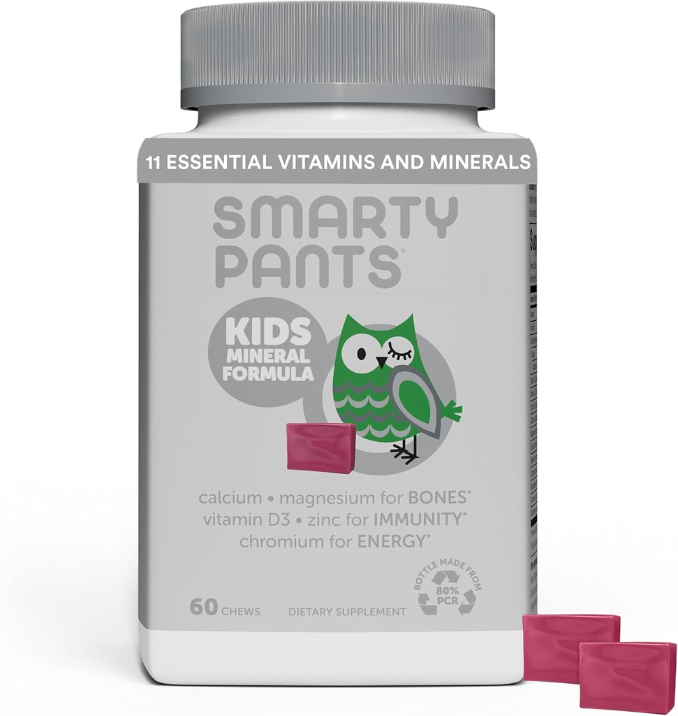 SmartyPants Kids Mineral Chews: Magnesium Citrate & Calcium Supplement with Vitamin D3, Vitamin C, K2, Zinc & Selenium for Immune Support, 60 Count (30 Day Supply)