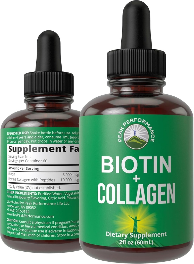 Flüssiges Kollagen für Frauen und Männer mit Biotin. Advanced 2-in-1 Oral Drops für Haarwachstum, Haut und Nägel. 10.000 mcg Bovine Collagen Peptide + 5.000 mcg Biotin. Glutenfrei, Zero Sugar Supplements