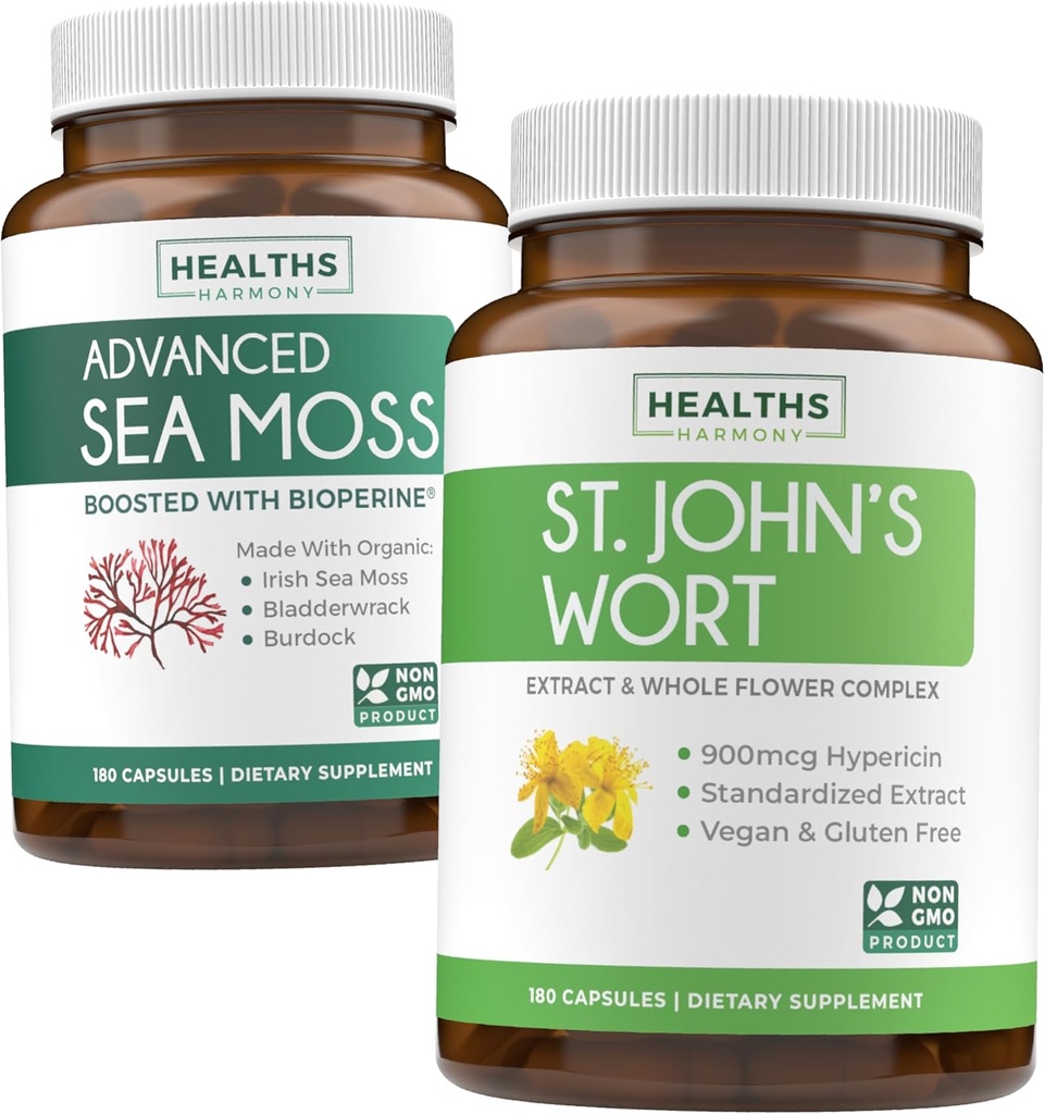 Sea Moss & St. John's Wort (2-Monats-Versorgung) Mood Moss Blend - Organic Irish Sea Moss - Raw Vegan Supplement (180 Caps) & St John's Wort mit leistungsstarken 900mcg Hypericin Vegan Non-GMO (180 Kapseln)