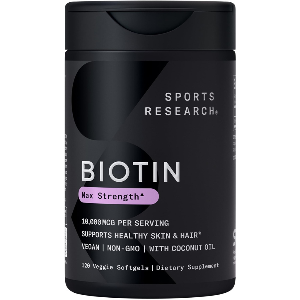 Sport Research® Biotin 10.000mcg mit Bio Kokosöl - Biotin (Vitamin B7) für gesunde Haut- und Haarunterstützung* - für Damen und Herren - Vegan, Non-GMO, Gluten & Soy-Free - 120 Veggie Softgels
