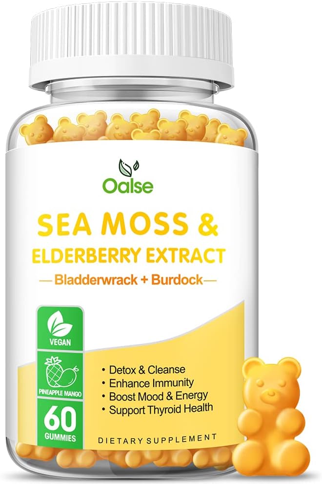Gummie per adulti e bambini, 2000mg Raw Seamoss, Bladderwrack, Burdock Root, Elderberry, Pepper, Vitamina C & D3, Zinc Supports Immune System & Boost Energy (1-Pack)