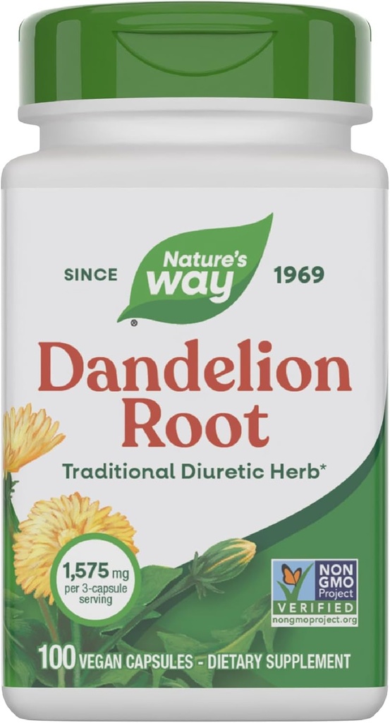 Nature's Way Racine de dandelion, plante diurétique traditionnelle*, Capsules de dandelion végétalien, 100 Nombre (paquetage May Vary)