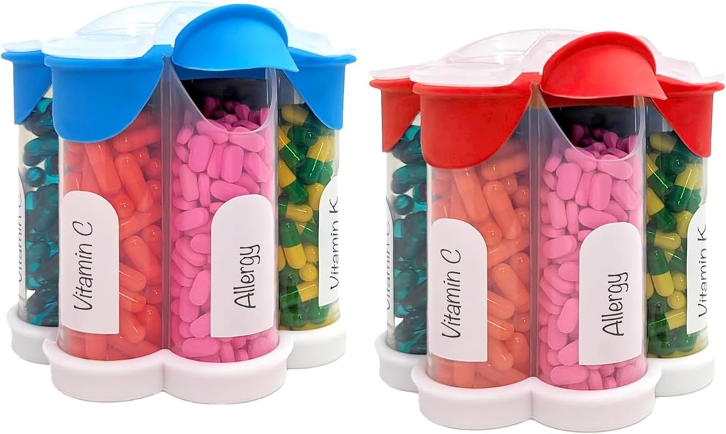 Extra Large Pill Organizer Daily, Weekly, Mensuel Supplément Bouteille, Distributeur de pilules Mignon avec 7 Compartiments XL (2 Pack Combo) (bleu clair et rouge)