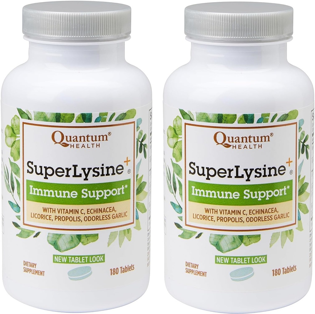 Quantum Health SuperLysine+ Advanced Formula Immune Support Supplément Lysine 1500 mg, Vitamine C Propolis d'abeilles d'échinacée et d'ail sans odorine - 180 comprimés (paquet de 2)