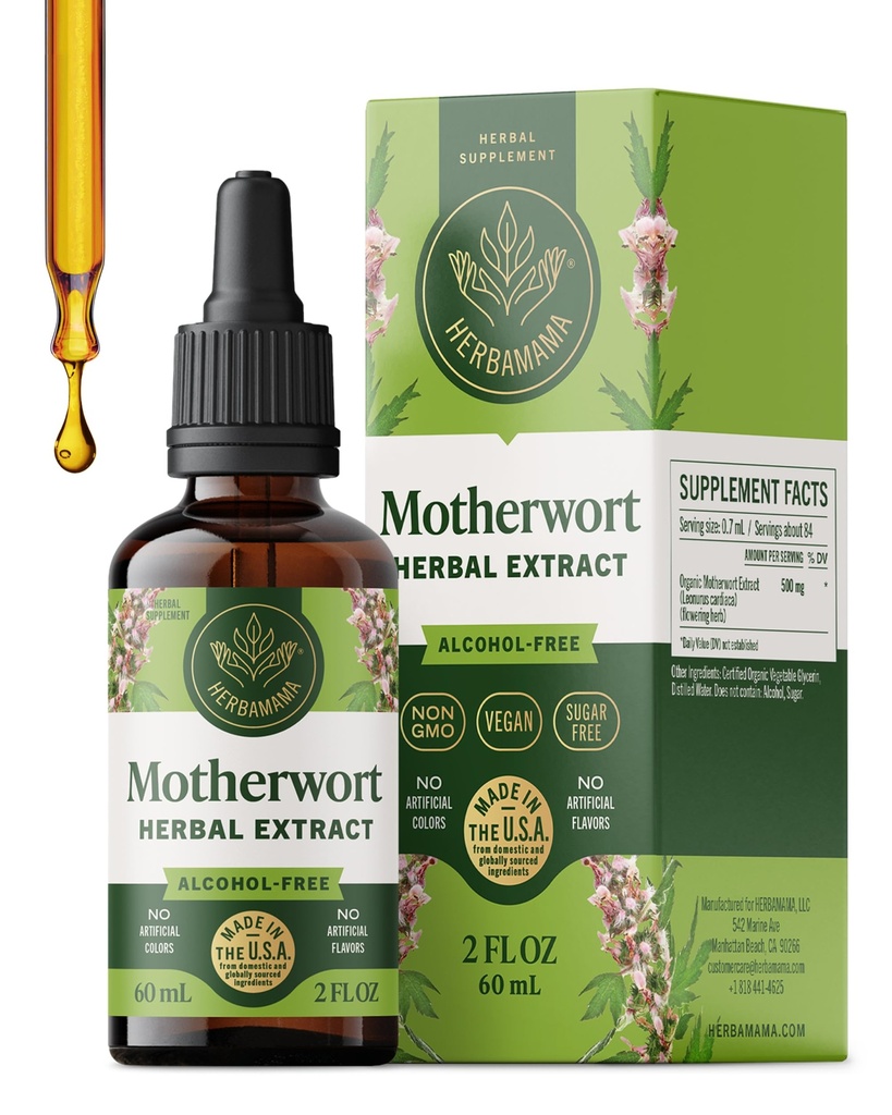 Teinture HERBAMAMA - Extrait végétalien d'herbe mère gouttes calmes pour le soutien des femmes - Supplément de relaxation liquide sans OGM, sans alcool et sans sucre, 28 jours d'approvisionnement